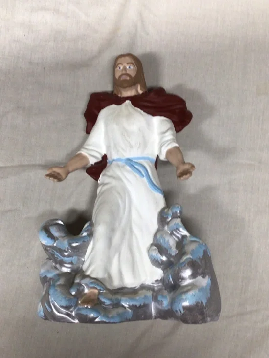 White and Maroon Ceramic Religious Figurine with Blue Accents - Picture 1 of 6